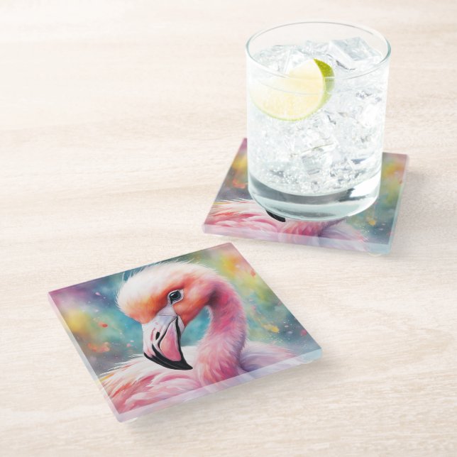 Regenbogen Vögel Flamingo 2 Glasuntersetzer (Schrägansicht)
