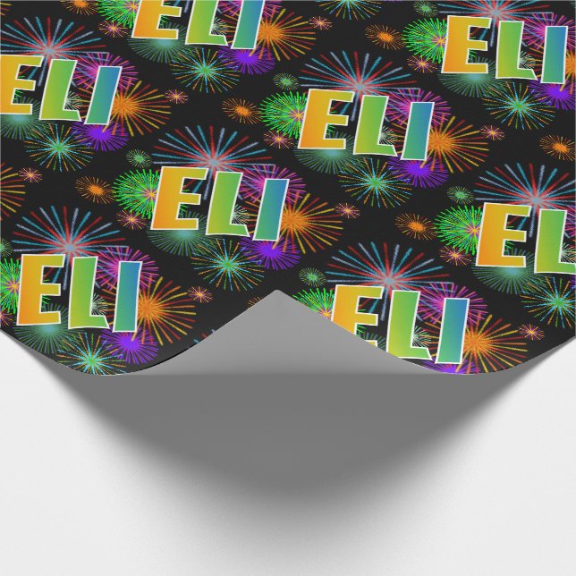 Regenbogen- Vorname "ELI" + Feuerwerke Geschenkpapier (Ecke)
