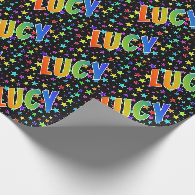 Regenbogen- Vorname "LUCY" + Sterne Geschenkpapier (Ecke)
