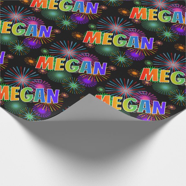 Regenbogen- Vorname "MEGAN" + Feuerwerke Geschenkpapier (Ecke)