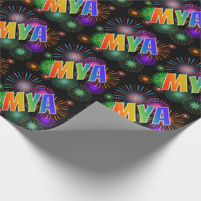 Regenbogen- Vorname "MYA" + Feuerwerke Geschenkpapier (Ecke)