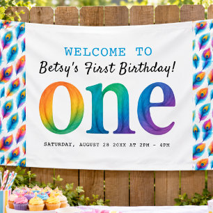Regenbogen-Wasserfarbe 1. Geburtstag   Farbige Bab Banner