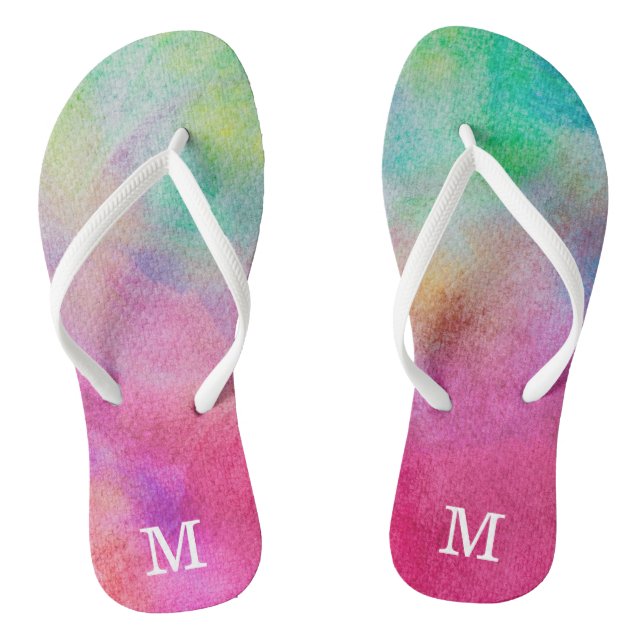 Regenbogen-Wasserfarben-Monogramm Flip Flops (Fußbett)