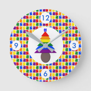 Regenbogen-Weihnachtsbaum und Geschenke für schwul Runde Wanduhr