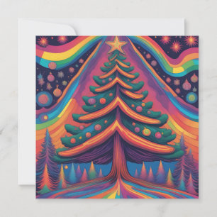 Regenbogen-Weihnachtsbaumwald und -dekorationen Feiertagskarte