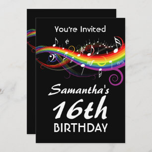 Regenbogen-weißer Musiknoten-16. Geburtstags-Party Einladung