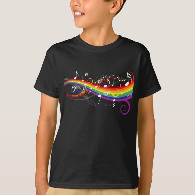 Regenbogen-weißer Musiknoten auf Schwarzem T-Shirt (Vorderseite)