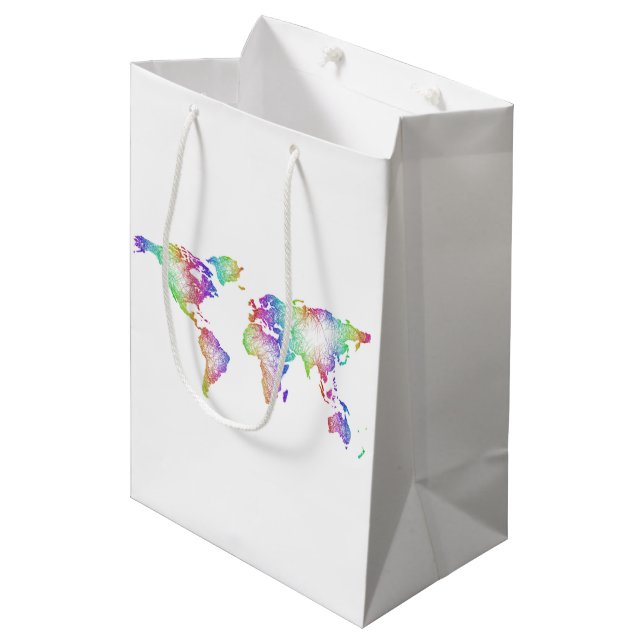 Regenbogen-Weltkarte Mittlere Geschenktüte (Vorderseite Schrägansicht)