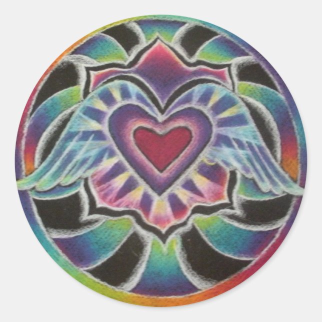 Regenbogen Winged Herz-Mandala Runder Aufkleber (Vorderseite)