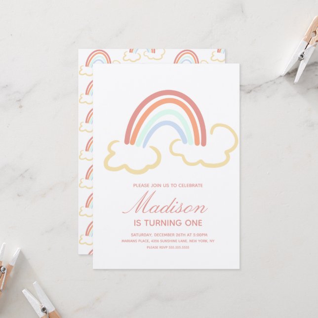 Regenbogen-Wolken-Doodle  Farbige Rustikalität Einladung (Vorderseite/Rückseite Beispiel)