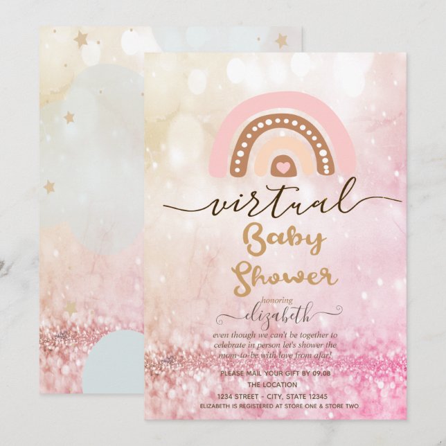 Regenbogen, Wolkenstars Bokeh Virtual Baby Dusche Einladung (Vorne/Hinten)