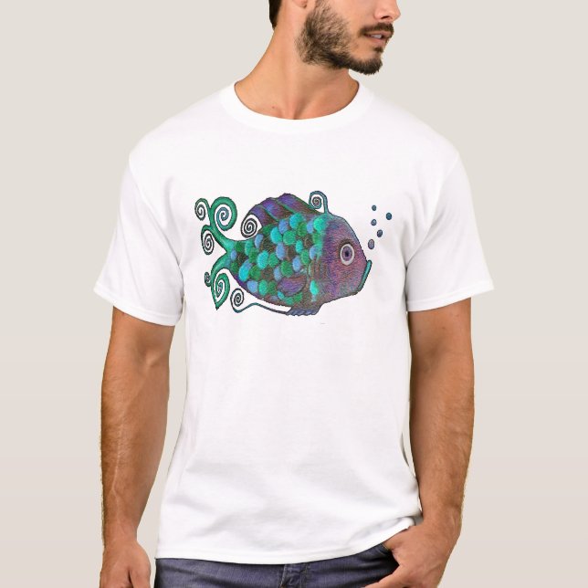 Regenbogen-wunderliche Fisch-blaue u. lila T-Shirt (Vorderseite)
