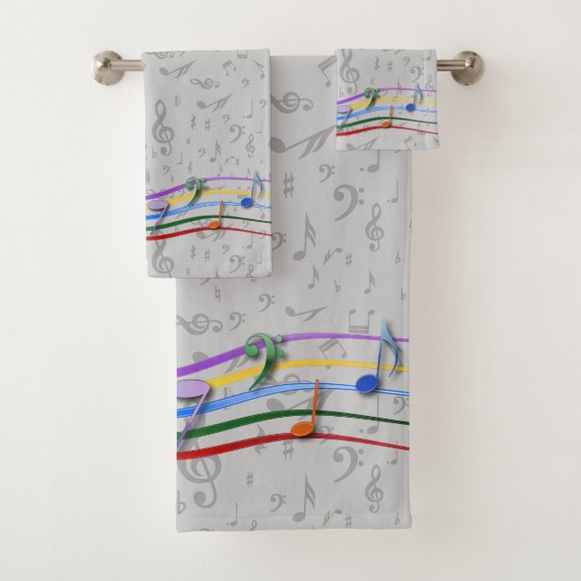 Regenbogenanmerkungen über graues Musiknotenmuster Badhandtuch Set (Insitu)