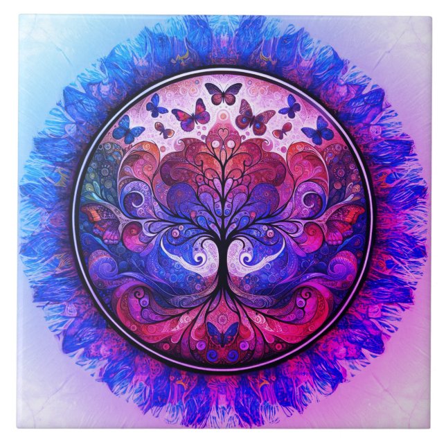 Regenbogenbaum des Lebens Antike Rustikale Fliese (Vorderseite)