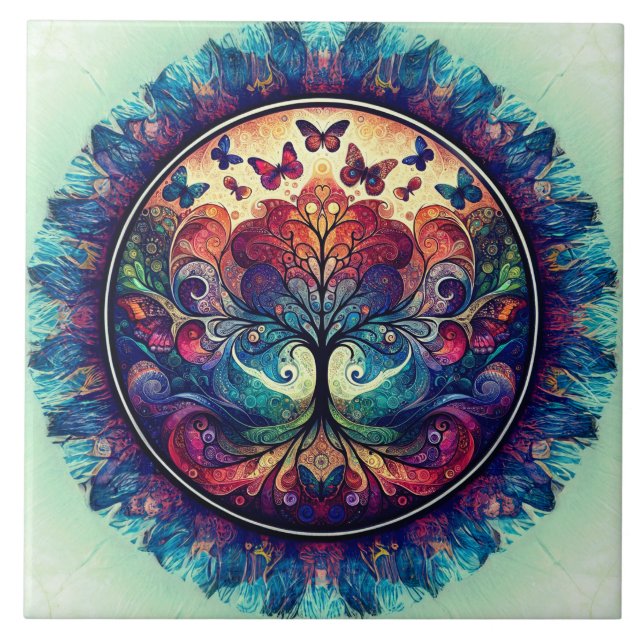 Regenbogenbaum des Lebens Antike Rustikale Fliese (Vorderseite)