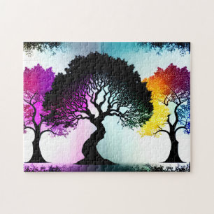 Regenbogenbaum-Silhouette Verzauberter Wald Puzzle