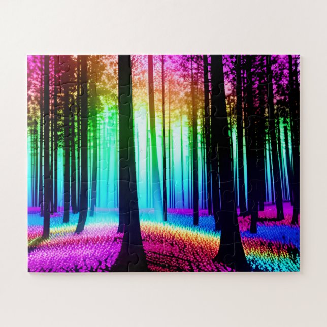 Regenbogenbewald mit Baumbestand-Silhouetten Puzzle (Horizontal)