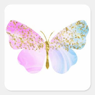 Regenbogenblu mit Goldener Glitzer Butterfly Quadratischer Aufkleber