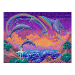 Regenbogendelfine springen durch Sonnenuntergangsh Poster