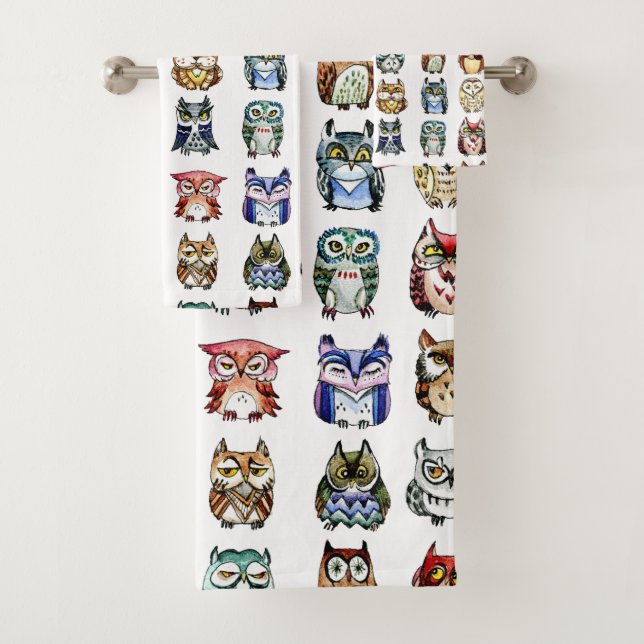 Regenbogeneulen-Aquarell Badhandtuch Set (Insitu)