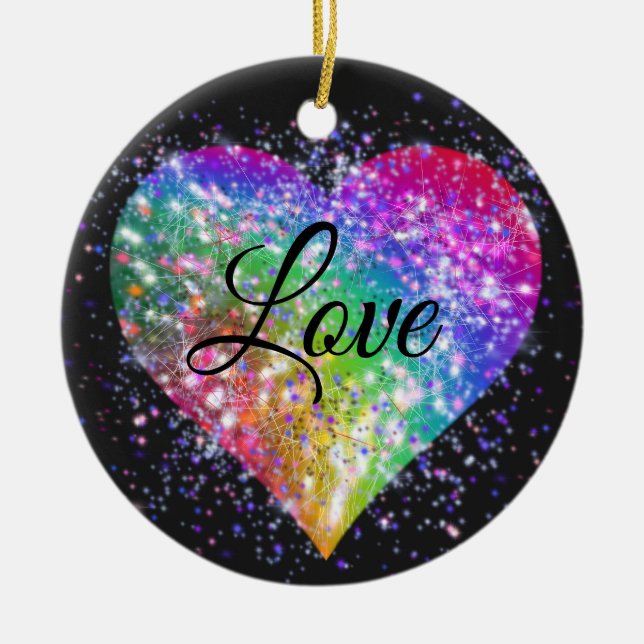 Regenbogenfarben funkelnd Glitzer Herz Liebe Ceram Keramik Ornament (Vorne)