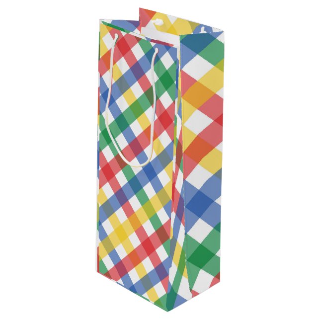 Regenbogenfarben-Karo-Gitternetz-Muster, Primärfar Geschenktüte Für Weinflaschen (Vorderseite Schrägansicht)