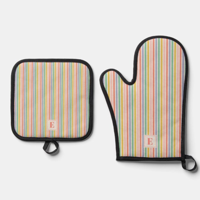 Regenbogenfarben Streifen mit Initiale Ofenhandschuh & Topflappen-Set (Vorderseite)