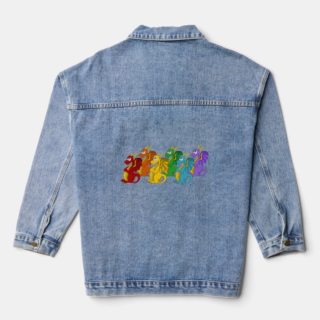 Regenbogenfarbene Drachen Cartoon Jeansjacke (Rückseite)