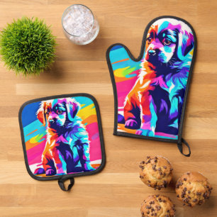 Regenbogenfarbener Hundekunst Ofenhandschuh & Topflappen-Set