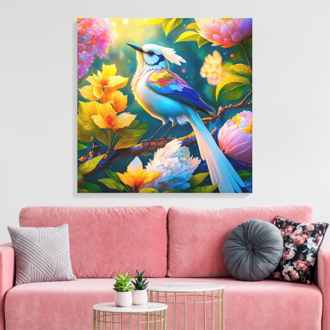 Regenbogenflügeliger Jay-Fantasievogel Leinwanddruck (Insitu (Wohnzimmer))