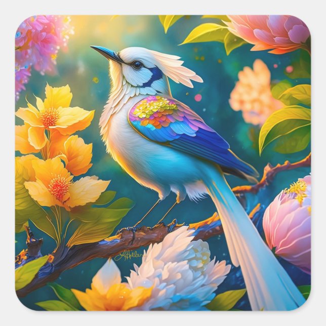 Regenbogenflügeliger Jay-Fantasievogel Quadratischer Aufkleber (Vorderseite)