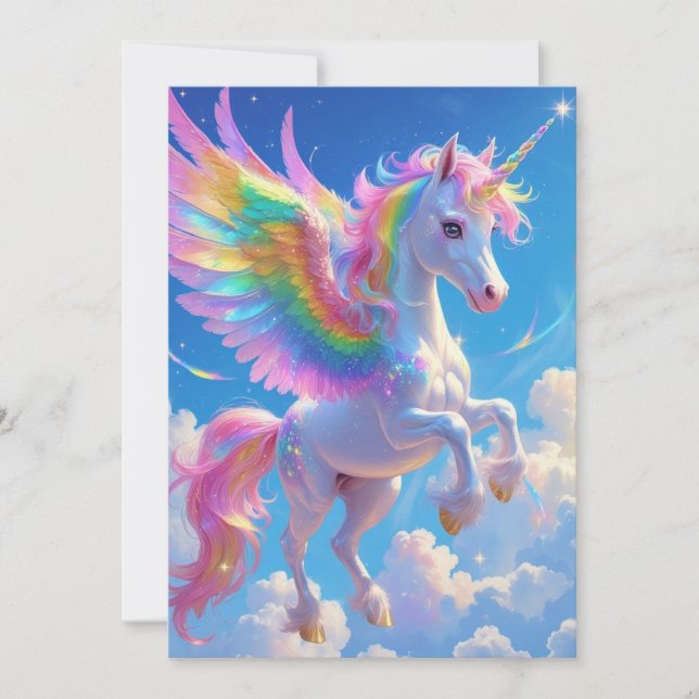 Regenbogenflügelndes tänzelndes Einhorn  Dankeskarte (Vorderseite)