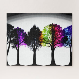 Regenbogenfoliage auf Schwarzen Silhouetten Puzzle