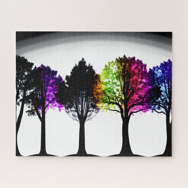 Regenbogenfoliage auf Schwarzen Silhouetten Puzzle (Horizontal)