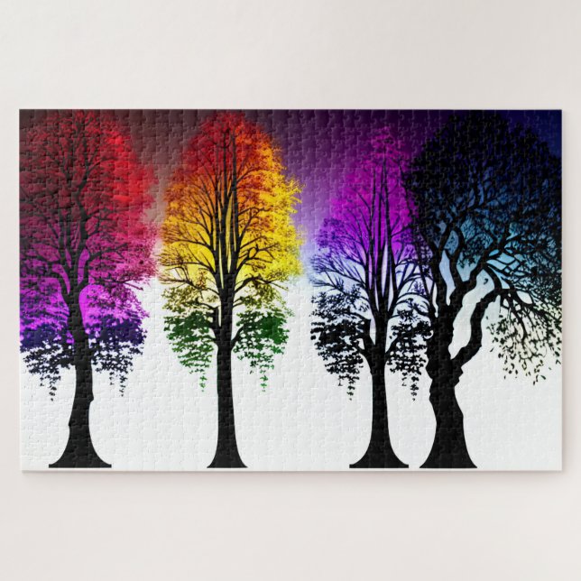 Regenbogenfoliage auf Schwarzen Silhouetten Puzzle (Horizontal)