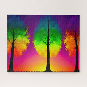Regenbogenfoliage auf Silhouetten Kolored Sky Puzzle