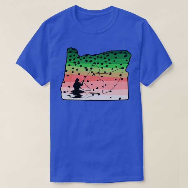 Regenbogenforelle Fisch Oregon Staat Karte Fly Fis T-Shirt (Design vorne)