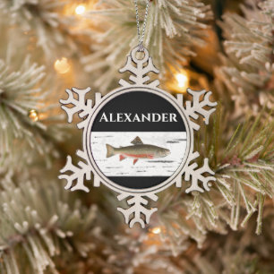 Regenbogenforelle Rustikaler Aspen Rinde Hintergru Schneeflocken Zinn-Ornament