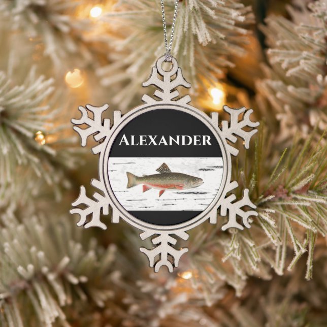 Regenbogenforelle Rustikaler Aspen Rinde Hintergru Schneeflocken Zinn-Ornament (Baum)