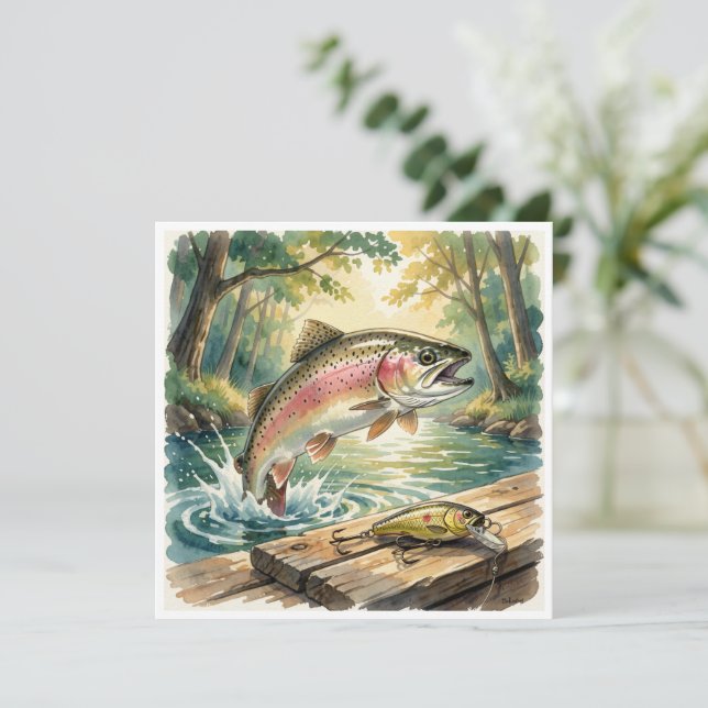 Regenbogenforelle springt in Waldstrom Aquarell (Stehend Vorderseite)