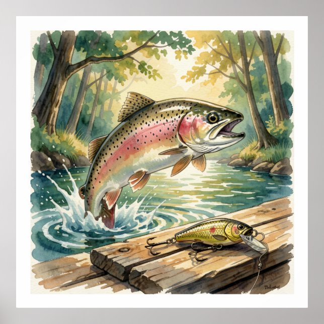 Regenbogenforelle springt in Waldstrom Aquarell Poster (Vorne)