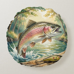 Regenbogenforelle springt in Waldstrom Aquarell Rundes Kissen