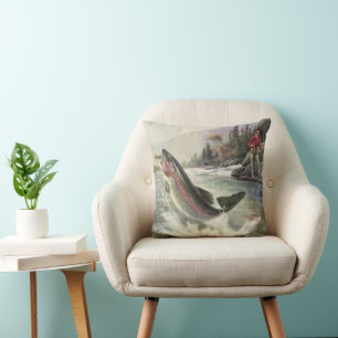 Regenbogenforelle, Vintage-Angler fischt nach Fisc Kissen