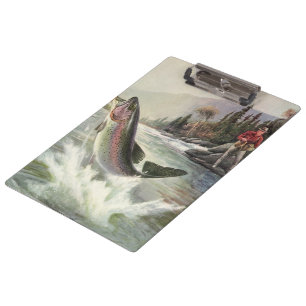 Regenbogenforelle, Vintage-Angler fischt nach Fisc Klemmbrett