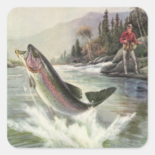 Regenbogenforelle, Vintage-Angler fischt nach Fisc Quadratischer Aufkleber