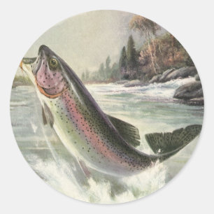 Regenbogenforelle, Vintage-Angler fischt nach Fisc Runder Aufkleber