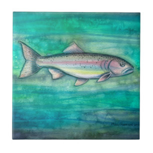 Regenbogenforellen-Wildlife-Wasserfarben-Kunstflie Fliese