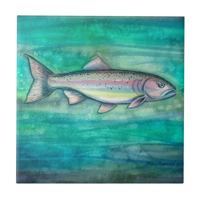 Regenbogenforellen-Wildlife-Wasserfarben-Kunstflie Fliese (Vorderseite)