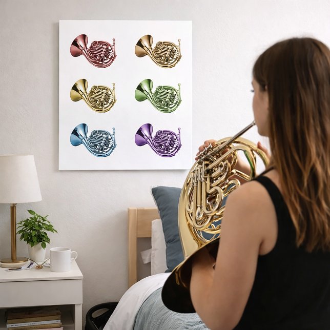 Regenbogenfrenchhorn Blechblasinstrument Kunst Poster (A poster featuring red, orange, yellow, green, blue and purple french horns.)
