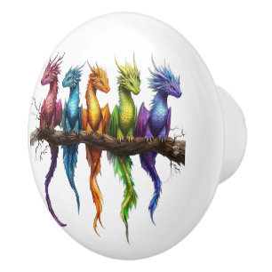 Regenbogengruppe von Baby-Drachen auf Keramikknauf